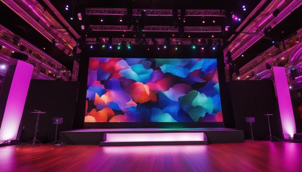 Portable LED wall in operation at an indoor event Portable LED wall in operation at an indoor event